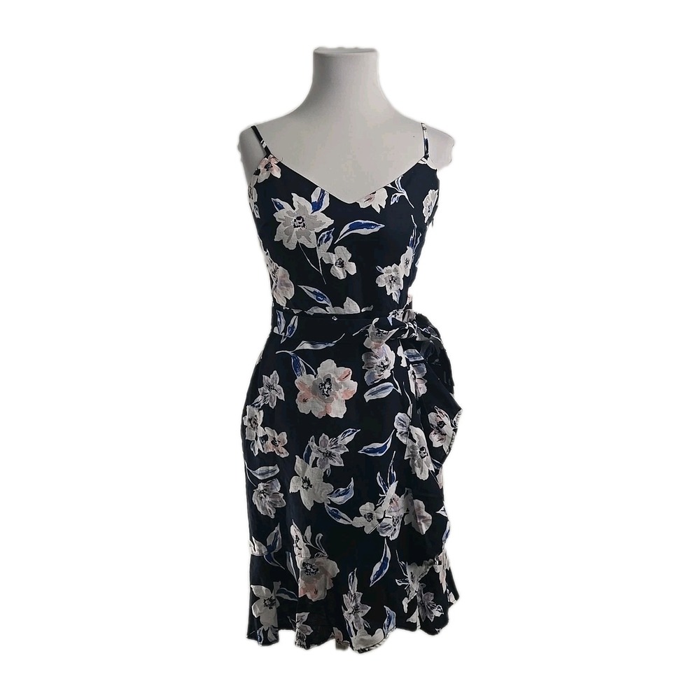 Banana Republic Navy Floral Linen Cotton Faux-Wrap Sundress Size 0 Lined, Ruffle
